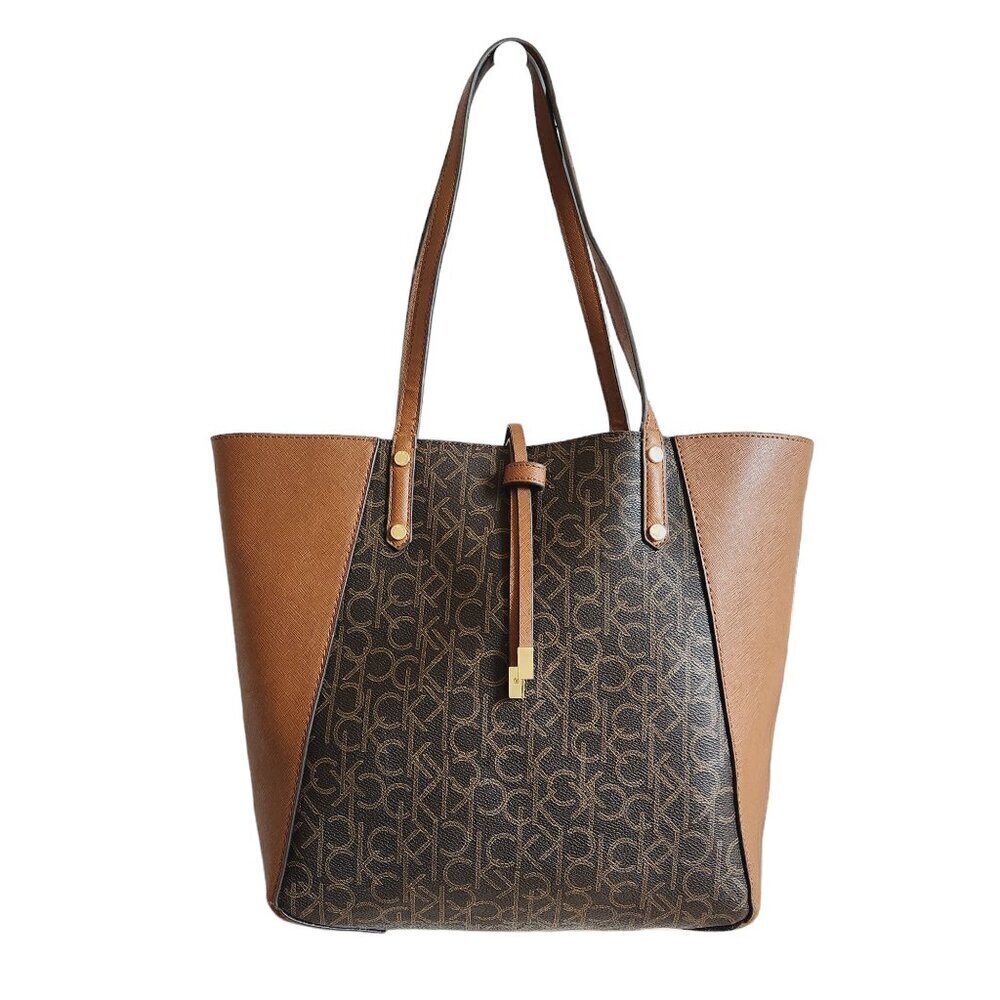 Calvin Klein Brown Monogram Tote with Tan Panels